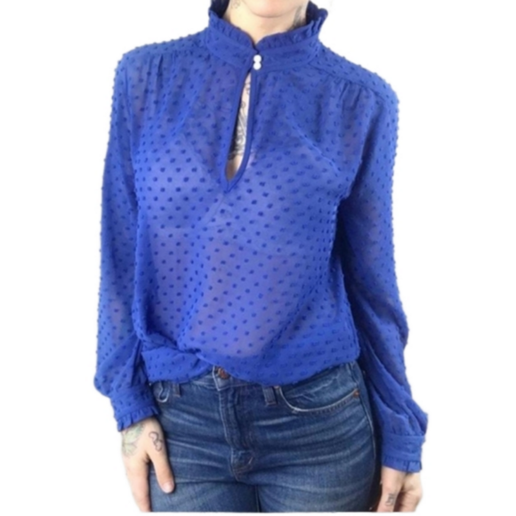 J. Crew | Blue Chiffon Swiss Dot Blouse High Collar & Peep Hole Neck - Size: 2 - Picture 1 of 13